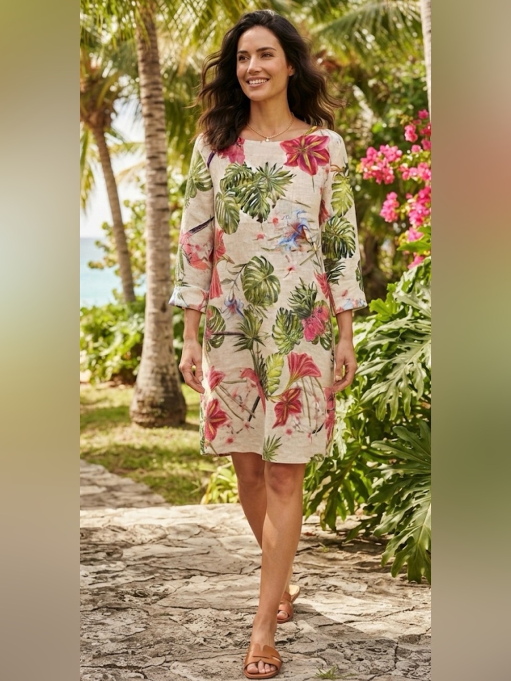 Allegra Masetti Firenze Italian Linen Tropical Floral Shift Dress - Size Large